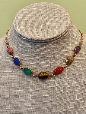 Vintage GMS 1/20th 12k Gold Fill Multi Gemstone Scarab Necklace 16"